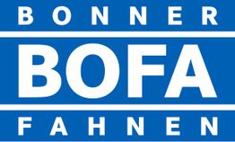 Blaues Logo mit weißem Text: "BONNER BOFA FAHNEN".
