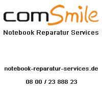"comSmile Logo: Notebook Reparatur Services, Webseite und Telefonnummer unterhalb des Logos."