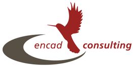 Logo mit rotem Kolibri und Text "encad consulting" auf grauer und roter Kurve.
