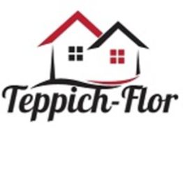 Logo mit zwei skizzierten Häusern und Schriftzug "Teppich-Flor" darunter.