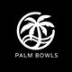 Eine weiße Palme im Kreis mit dem Text "Palm Bowls" auf schwarzem Hintergrund.