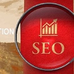 Red circle with "SEO" and upward graph icon, against a textured background.