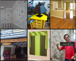Montagem com interiores decorados, incluindo papel de parede, cortinas e abajur colorido.