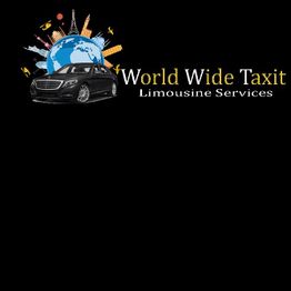 Zwarte auto voor een wereldbol met tekst: "World Wide Taxit Limousine Services" op zwarte achtergrond.