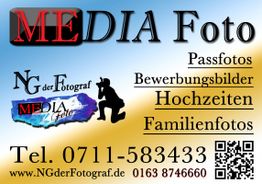 Werbung für MEDIA Foto: Passfotos, Bewerbungsbilder, Hochzeiten, Familienfotos. Telefonnummer vorhanden.