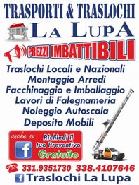 Pubblicità di una ditta di traslochi con servizi vari e contatti telefonici e social media.