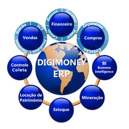 Organograma do sistema DIGIMONEY ERP com várias áreas empresariais conectadas ao centro.