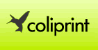 Logo mit grünem Hintergrund, einem schwarzen Vogel und dem Text "coliprint" in schwarzer Schrift.