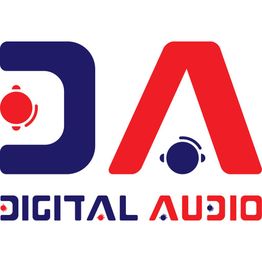 Logotipo de “Digital Audio” con letras estilizadas en azul y rojo, y círculos decorativos.