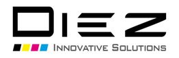 Diez-Logo mit Slogan "Innovative Solutions" und farbigen Streifen in Schwarz, Cyan, Magenta, Gelb.