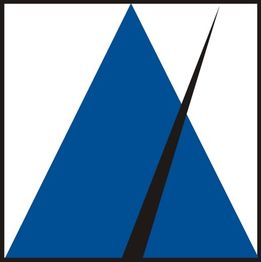 Blaues Dreieck mit diagonalem, schwarzem Streifen in einem weißen Quadrat.