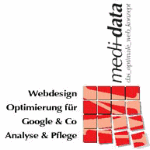 Logo von medi+data mit Text: Webdesign, Optimierung für Google & Co, Analyse & Pflege.