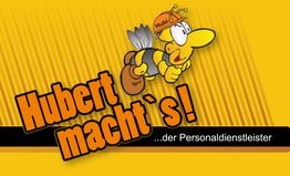 Cartoon-Biene mit Helm und Text "Hubert macht's! ...der Personaldienstleister" auf gelben Hintergrund.