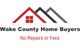 Red and gray roof logo for Wake County Home Buyers. Text: "No Repairs or Fees."
