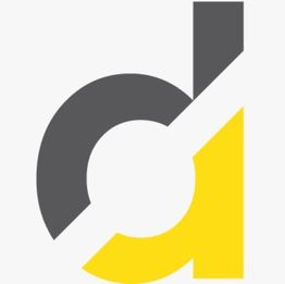 Logo con lettere stilizzate "d" grigia e "a" gialla intrecciate su sfondo bianco.
