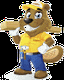 Cartoon beaver in a yellow shirt and blue pants holds a wooden plank on its shoulder.