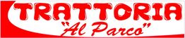 Insegna rossa della Trattoria "Al Parco" con scritte bianche ondulate.