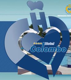 Logo dell'Hotel Colombo con sfondo di una piscina.