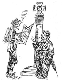 Zwei Männer stehen vor einer alten Steinsäule; einer liest eine Zeitung, der andere beobachtet ihn.