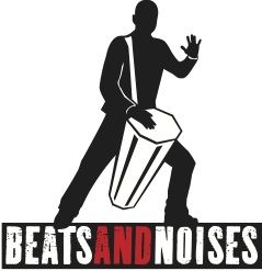 Silhouette eines Trommlers mit Text "BEATS AND NOISES" darunter.