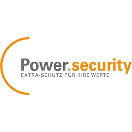 Logo mit Schriftzug "Power.security" und Slogan "Extra-Schutz für Ihre Werte" in Grau und Orange.