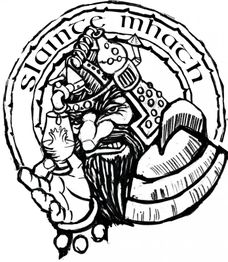 Ein gezeichneter Krieger mit Bart hält einen Krug; darüber steht "slaínte mhath".