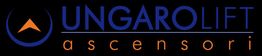 Logo Ungarolift ascensori su sfondo nero, con testo blu e arancione e simbolo freccia.