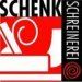 Rotes und schwarzes Logo mit den Worten "Schenk Schreinerei", abstrakte Formen im Design.