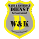 Wappen des Wach- und Kontrolldienstes Schweinebart, gelb umrandet, graues Innenteil.