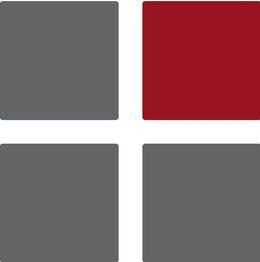 Vier Quadrate, drei grau, eins rot, in einem Raster angeordnet.