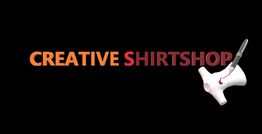 Texte : "CREATIVE SHIRTSHOP", avec un pinceau et un t-shirt blanc en fond noir.