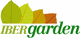 Logotipo de hojas de colores detrás del texto "IBER garden" en tonos verdes y marrones.