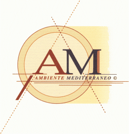 Logo von Ambiente Mediterraneo mit Buchstaben "AM" auf gelbem Hintergrund und Kreiselementen.