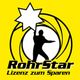 Gelbes Logo mit Silhouette und Text: "RohrStar - Lizenz zum Sparen", umrahmt von gelbem Kreis.