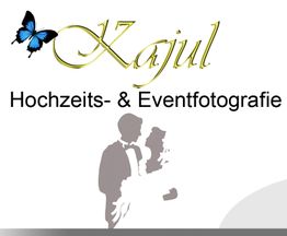 Kajul Logo mit Schmetterling, Silhouette eines Hochzeitspaares, Text: Hochzeits- & Eventfotografie.