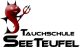 Illustration eines Teufels mit Dreizack und Schriftzug "Tauchschule Seeteufel".