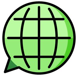 Grünes Sprechblasen-Symbol mit schwarzem Globusgitter darin, Symbol für weltweite Kommunikation.