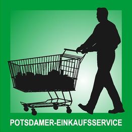 Silhouette eines Mannes mit Einkaufswagen und Text "Potsdamer-Einkaufsservice" auf grünem Hintergrund.