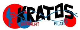 Logotipo de Kratos GlobalFit Pilates, letras negras con fondo rojo y figura de persona haciendo ejercicio.