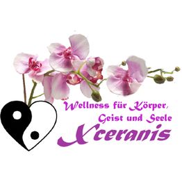Rosa Orchideen, Yin-Yang-Herz, Text: "Wellness für Körper, Geist und Seele Xceranis".