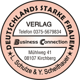 Runder Stempel mit Text: "Deutschlands starke Frauen", Verlagsname, Adresse und Telefonnummer.