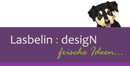 Grafik mit Schriftzug "Lasbelin: desigN, frische Ideen..." und Zeichnung eines Hundes auf lila Hintergrund.