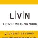 Logo der Liftvermietung Nord mit Kontaktdaten und Webseite auf gelbem Hintergrund.