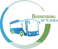 Logo mit stilisiertem blauen Bus und Text "Buswerbung Mittelrhein" in grün und blau.