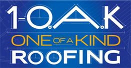 Logo of "1 OAK: One of a Kind Roofing" on a blue background with architectural lines.