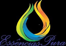 Logotipo colorido em forma de gota com o texto "Essências Pura" em fundo preto.