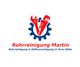 Logo mit roten Werkzeugen und blauer Zahnradform, Text: Rohrreinigung Martin, Service-Text darunter.