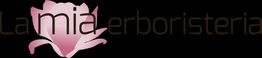 Logo con testo "La mia erboristeria" e fiore rosa stilizzato. Sfondo nero.