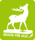 Weißer Hirsch auf grünem Grund mit Schriftzug "Grafik für Alle" darunter.