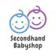 Zwei lächelnde Baby-Icons, eins blau und eins lila, mit dem Text "Secondhand Babyshop".